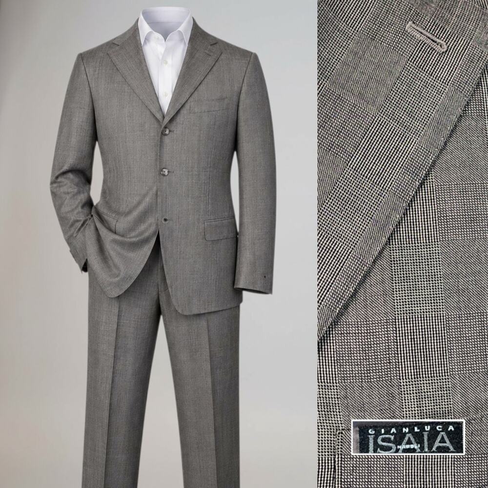 Gianluca Isaia Napoli 110s Suit 40R 34x27 Taupe Gray Tonal Plaid 3 Btn Note